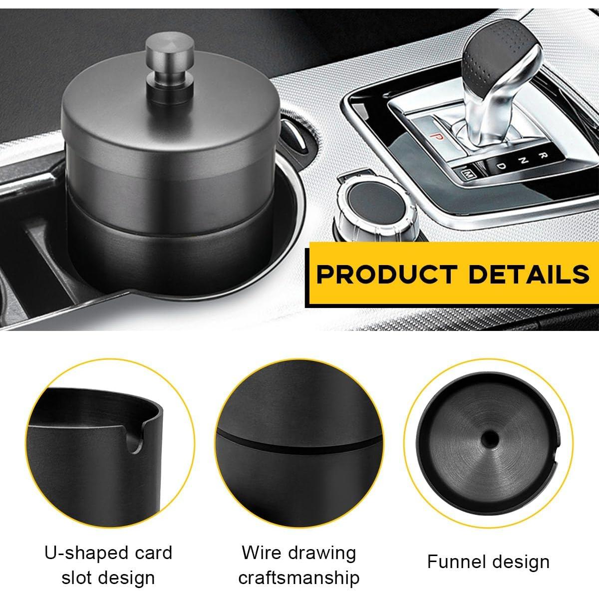 Cenicero de coche Ohleats con tapa de acero inoxidable negro