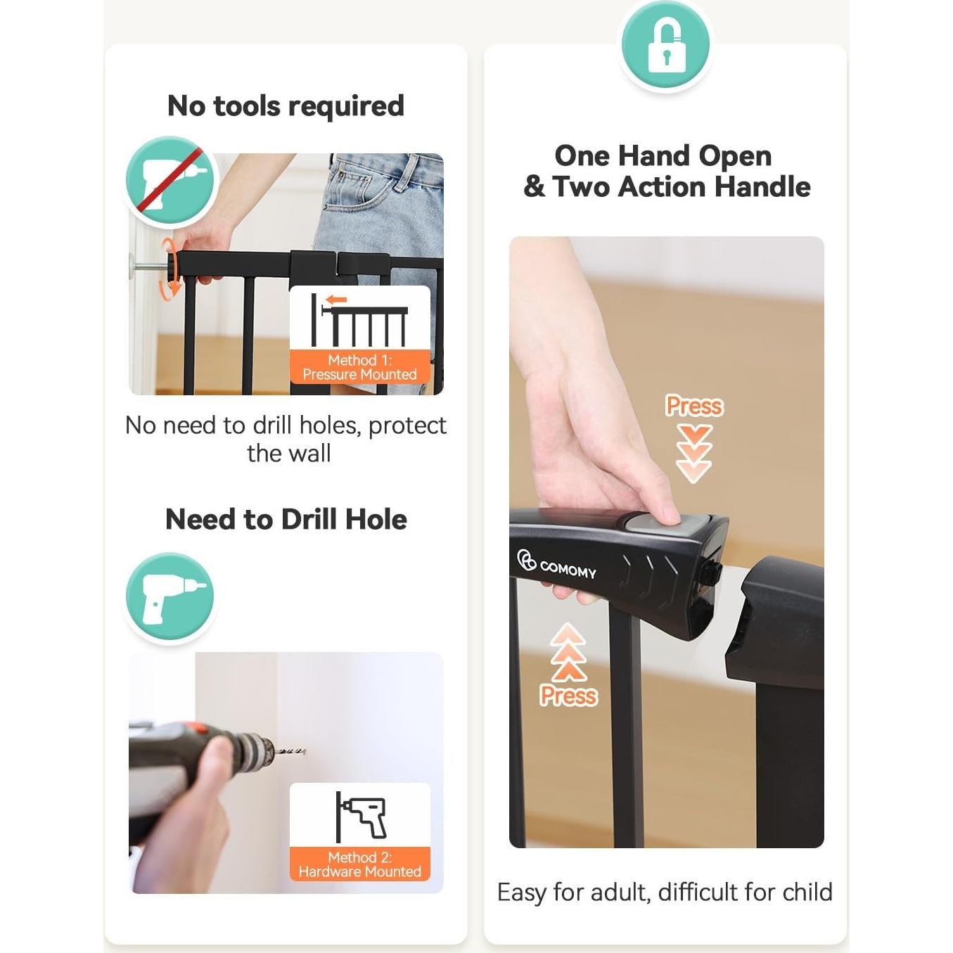 Puerta de Seguridad para Bebés COMOMY 110 cm Ancha Negra