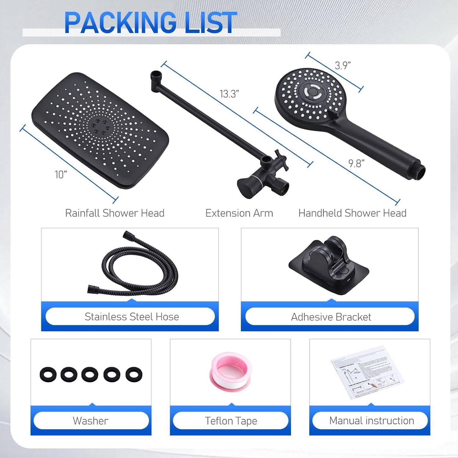 Cabezal de Ducha de Lluvia SeaCity 10" con 5 Modos y Brazo Ajustable