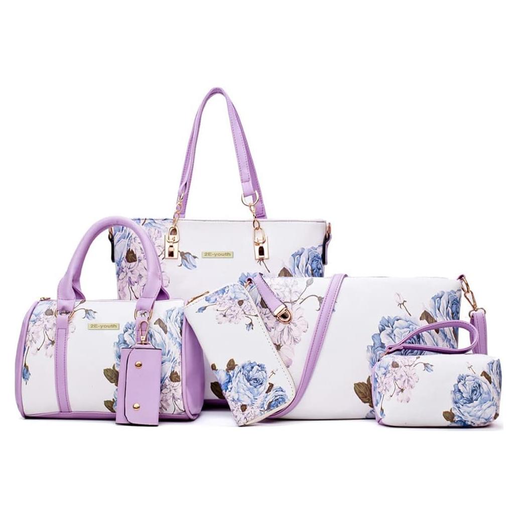 Conjunto de 6 Bolsos 2E-youth para Mujeres - Floral Púrpura y Blanco