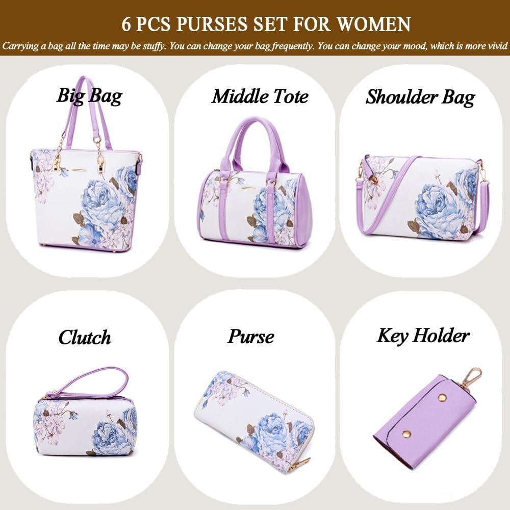 Conjunto de 6 Bolsos 2E-youth para Mujeres - Floral Púrpura y Blanco