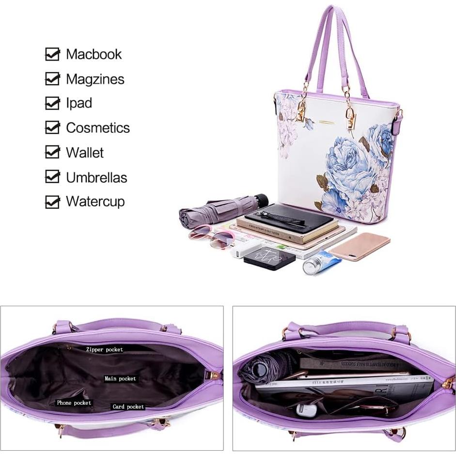 Conjunto de 6 Bolsos 2E-youth para Mujeres - Floral Púrpura y Blanco