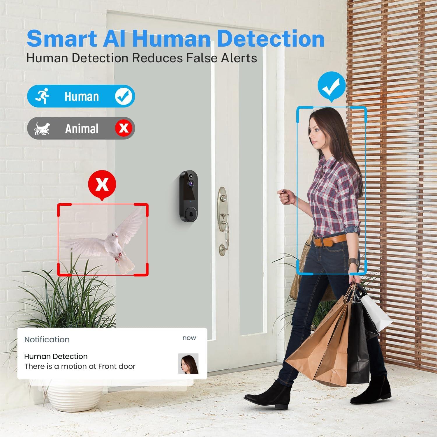 Cámara Timbre Video Inalámbrica 1080P AI Detección Humana - Negro