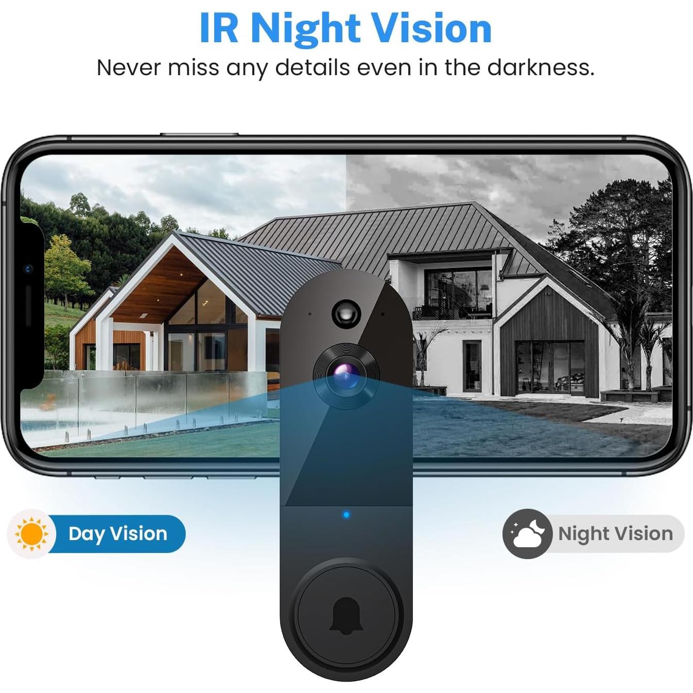 Cámara Timbre Video Inalámbrica 1080P AI Detección Humana - Negro