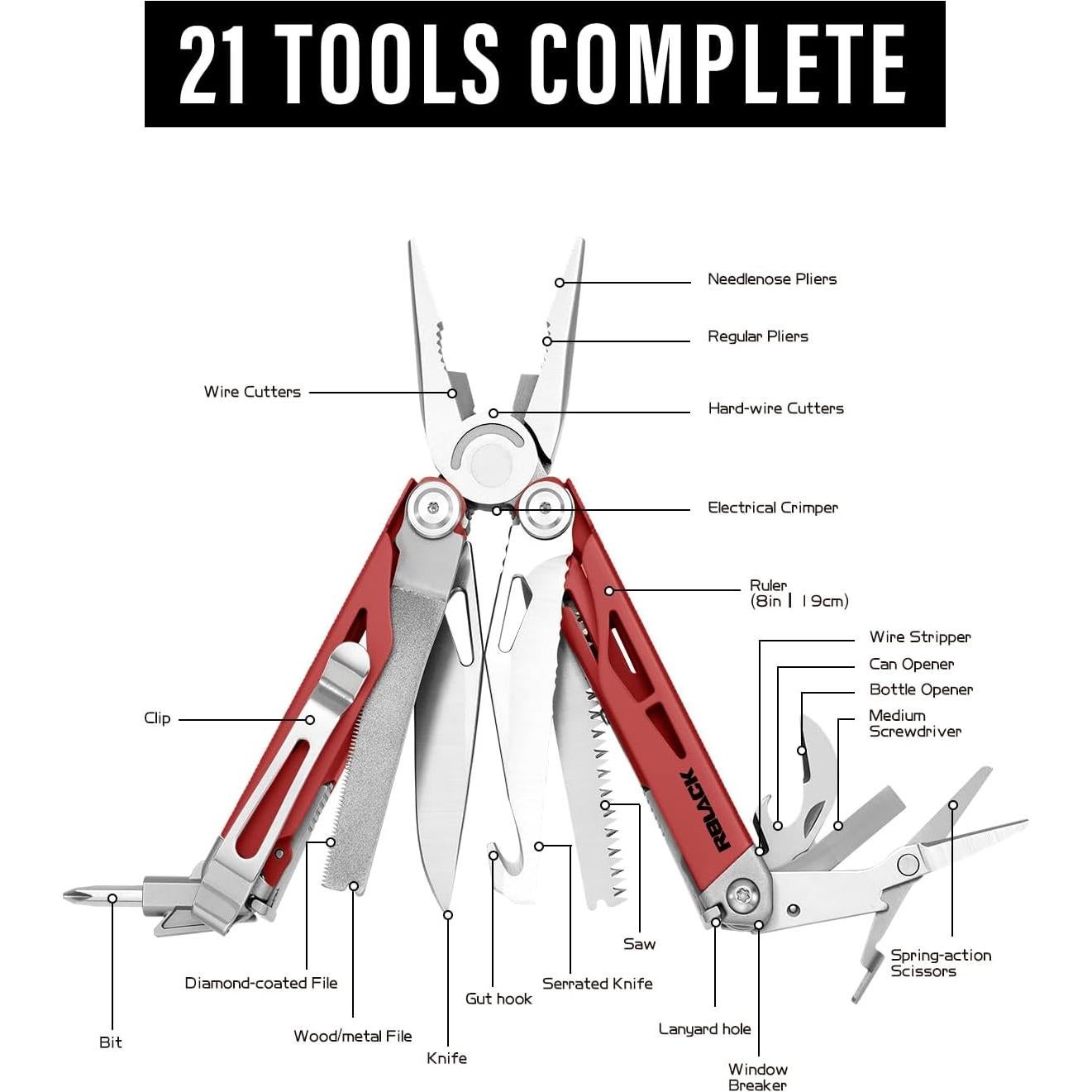 Multiherramienta 21 en 1 RBLACK con Alicates y Tijeras - Acero Inoxidable