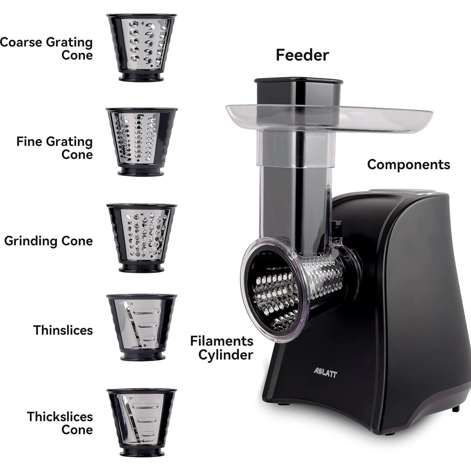 Cortadora Eléctrica ASLATT Rallador de Queso 150W 5 Accesorios