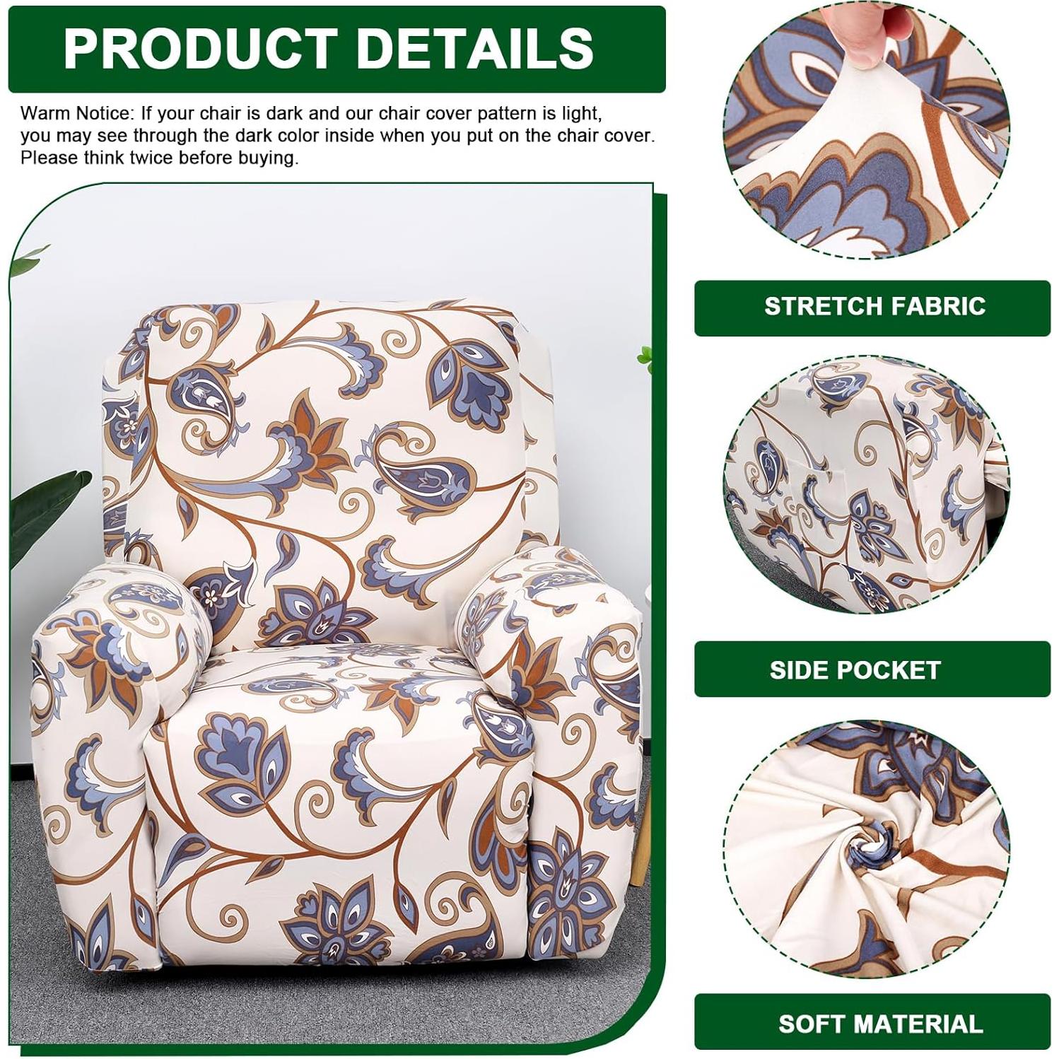 Funda Reclinable 1 Plaza CRFATOP 4 Piezas Floral Antideslizante