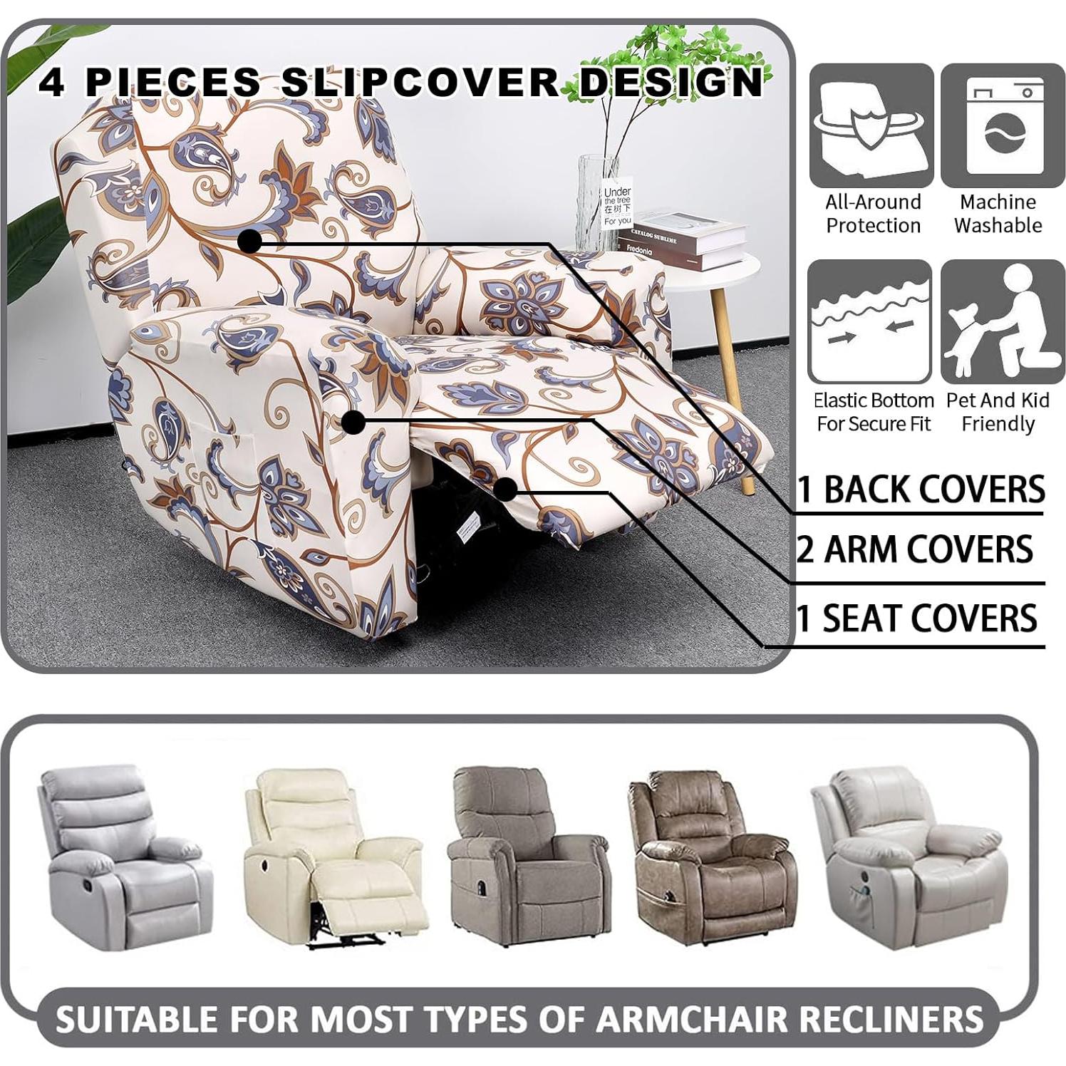 Funda Reclinable 1 Plaza CRFATOP 4 Piezas Floral Antideslizante