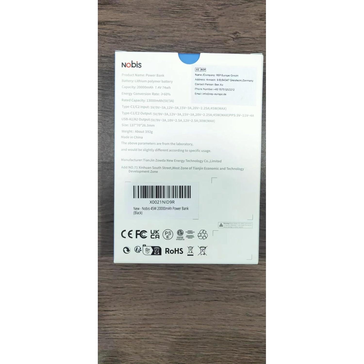 Cargador Portátil NOBIS 20000mAh 45W Carga Rápida USB-C Negro