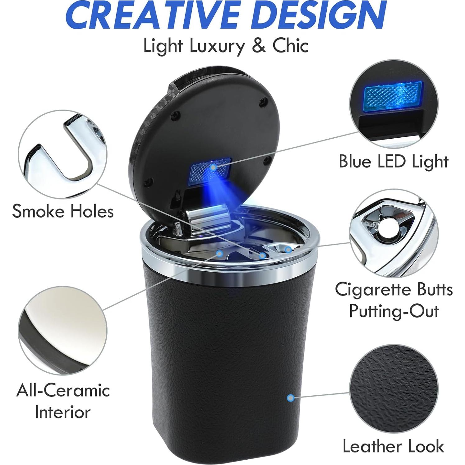 Cenicero de Coche EOCICI con Tapa y Luz LED Azul - Antihumo