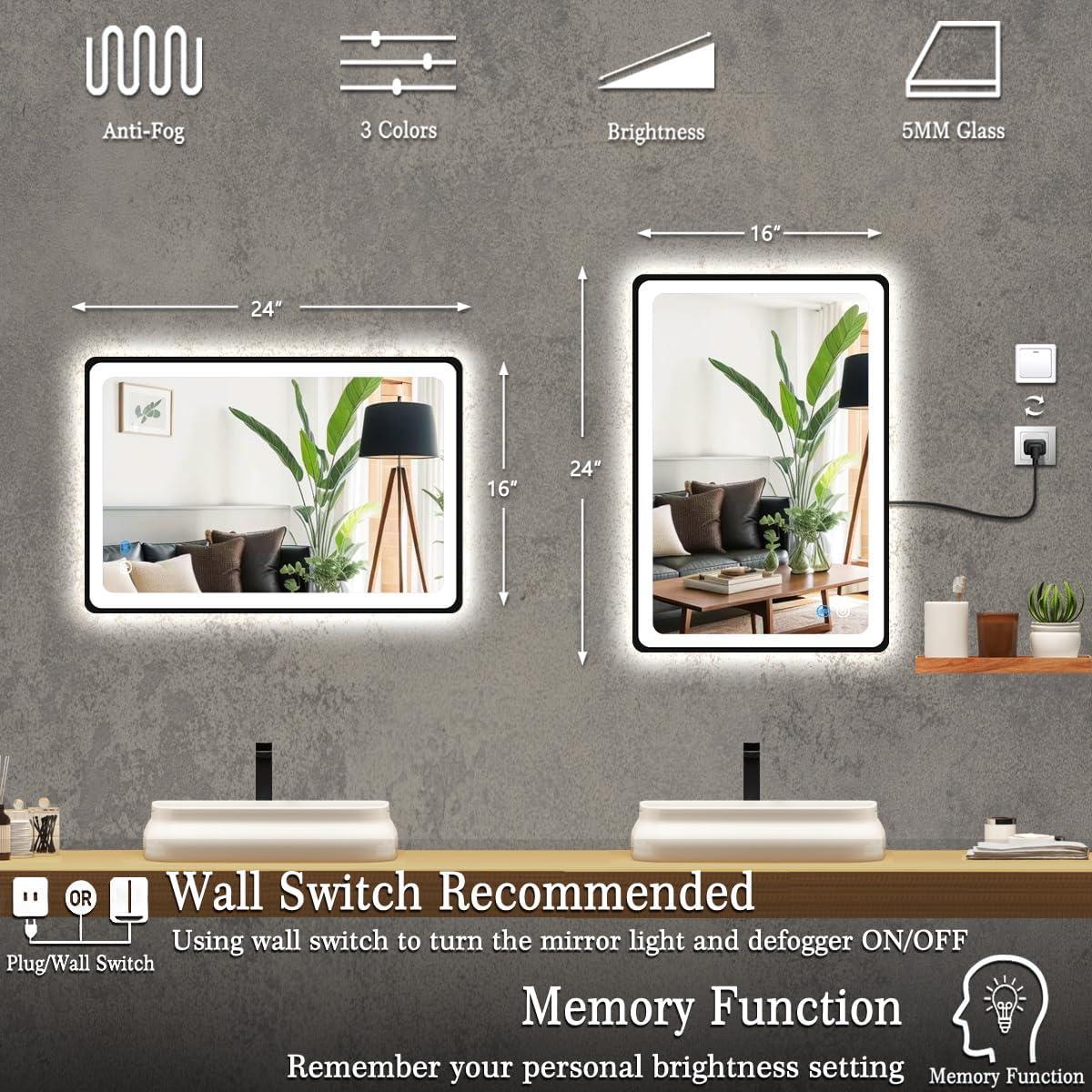 Espejo LED de Baño MEIOUKA 61x40.6cm Negro Regulable