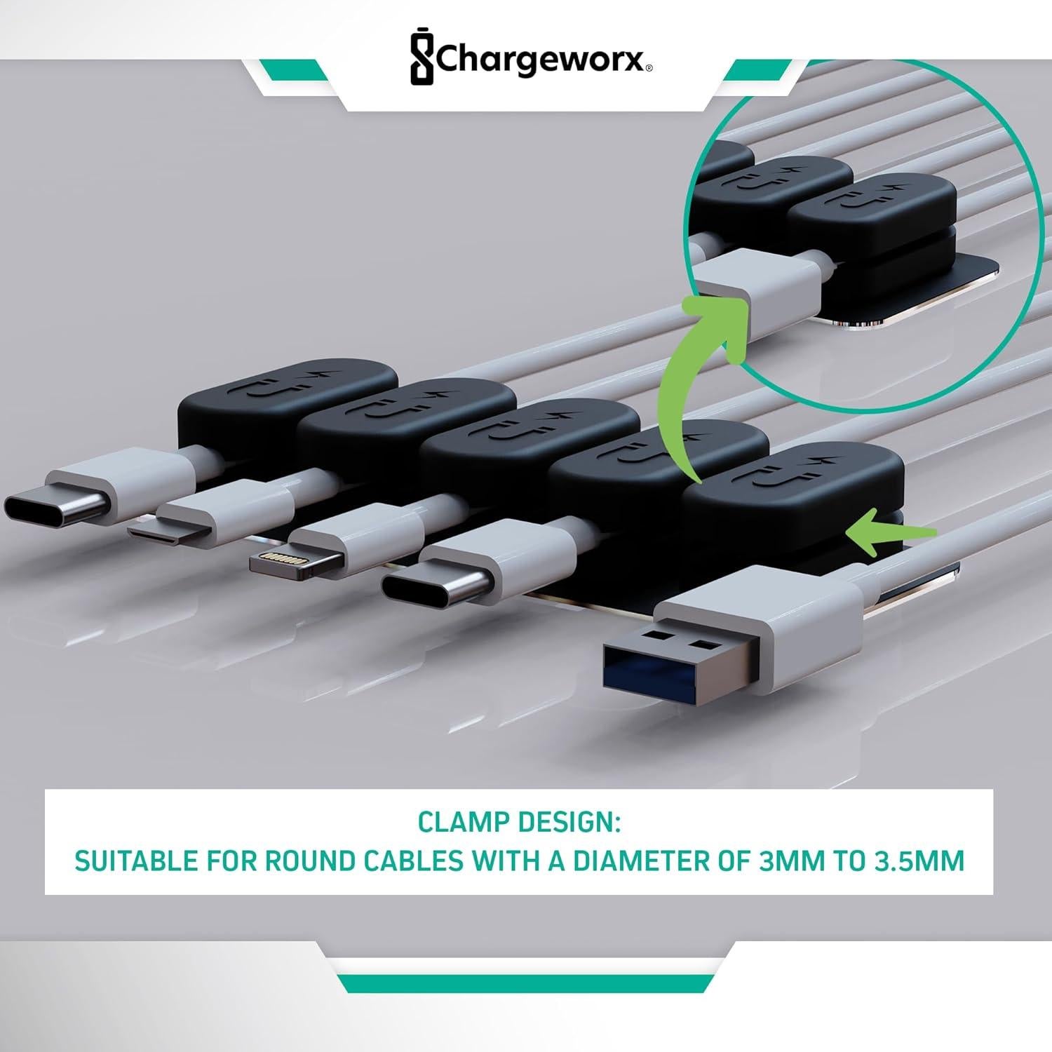 Clips Magnéticos para Cables Chargeworx - Paquete de 10 - Adhesivo Fuerte