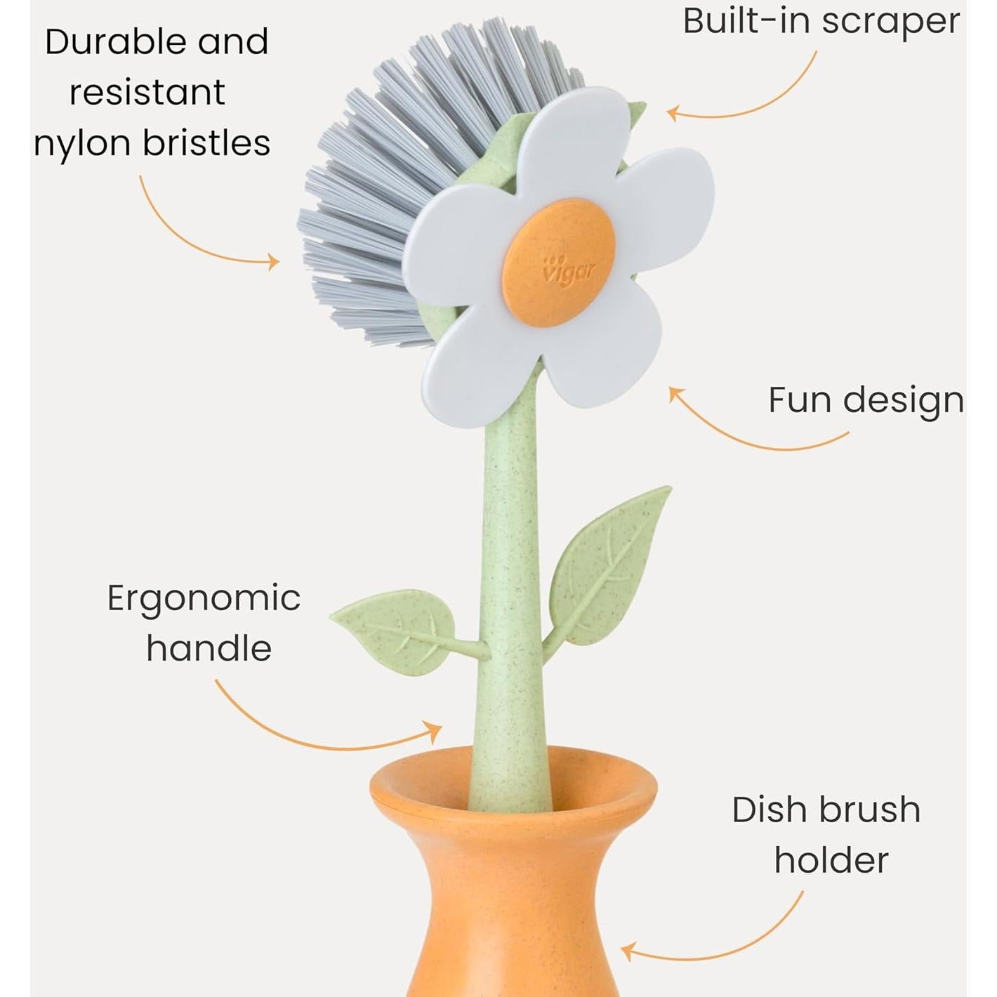 Cepillo de Platos Vigar con Soporte y Mango Ergonómico Naranja