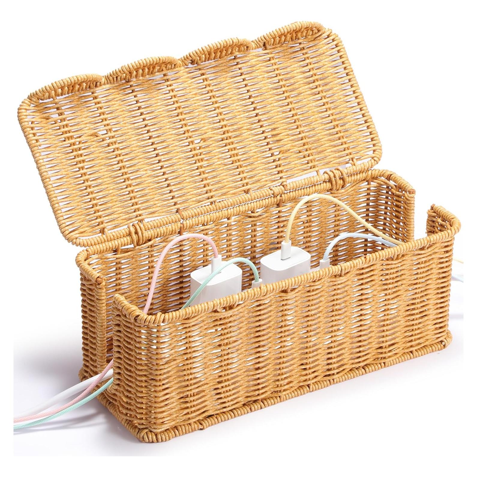 Caja Organizadora de Cables Tejida a Mano YECAYE - Estilo Ratán Natural