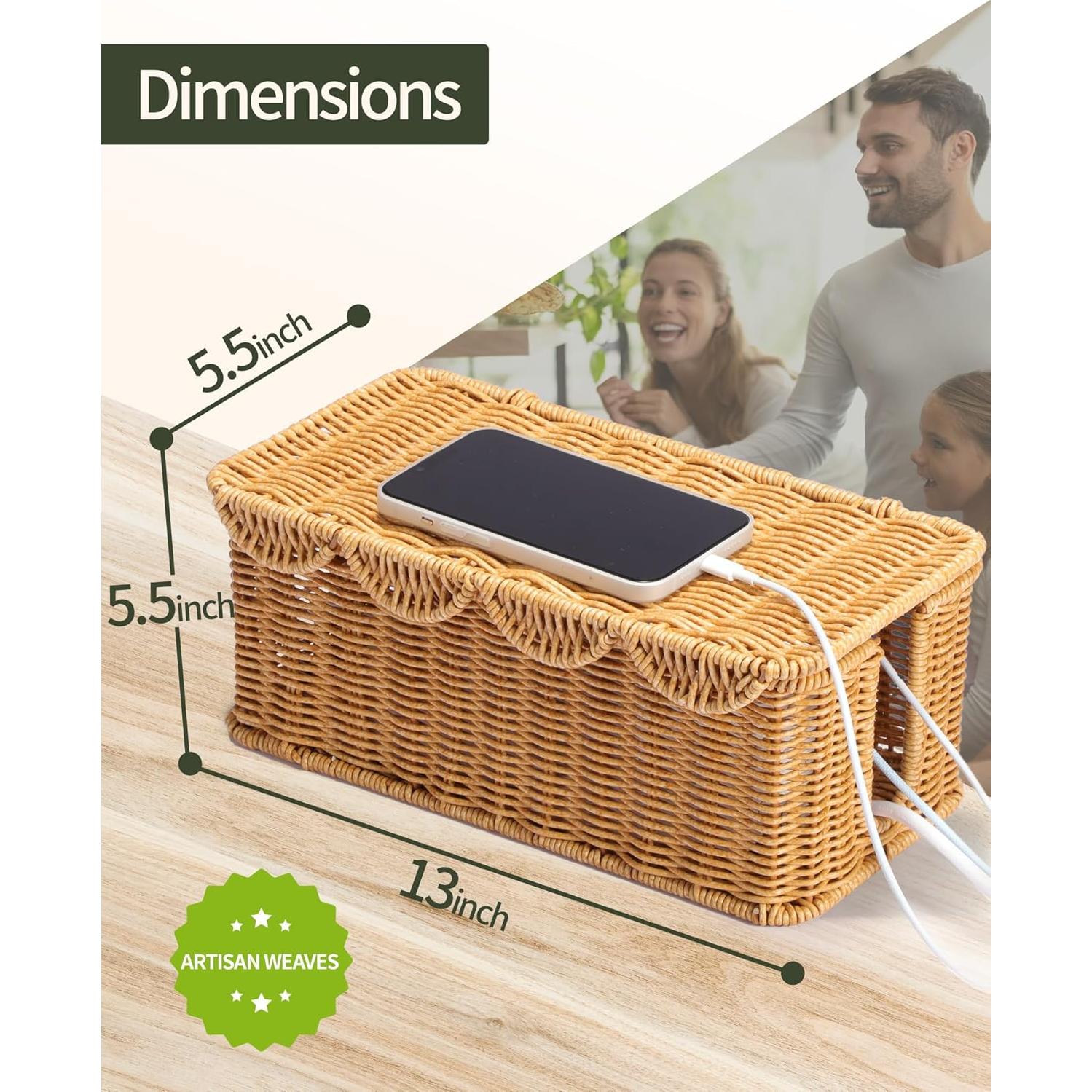 Caja Organizadora de Cables Tejida a Mano YECAYE - Estilo Ratán Natural