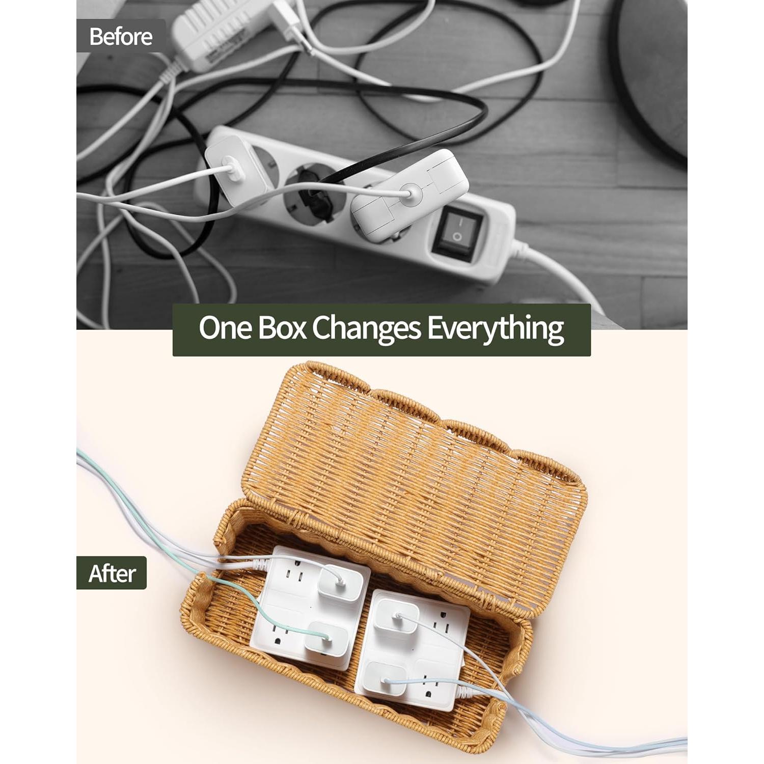 Caja Organizadora de Cables Tejida a Mano YECAYE - Estilo Ratán Natural