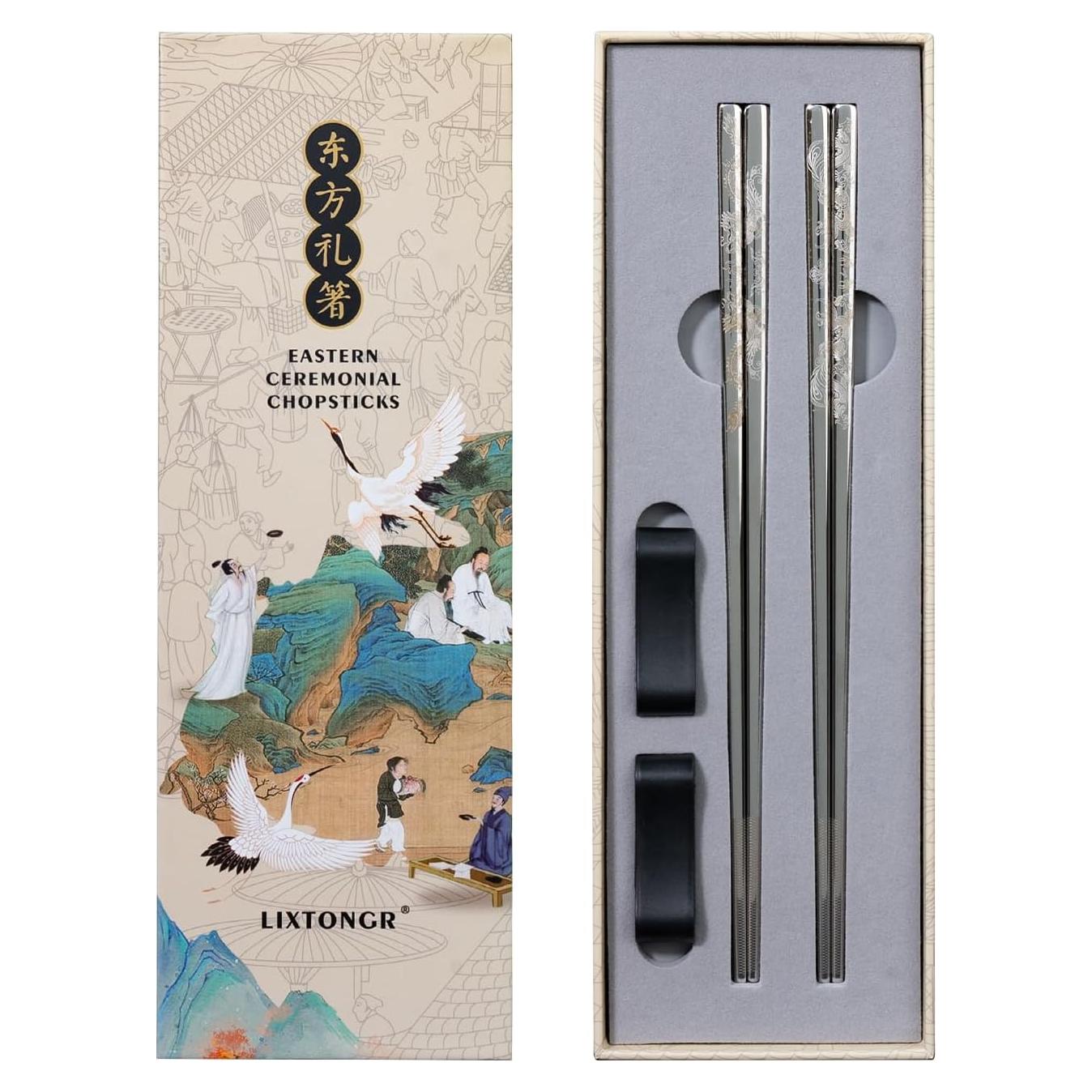 Juego de Palillos de Acero Inoxidable LIXTONGR 22.86 cm - Dragón y Fénix