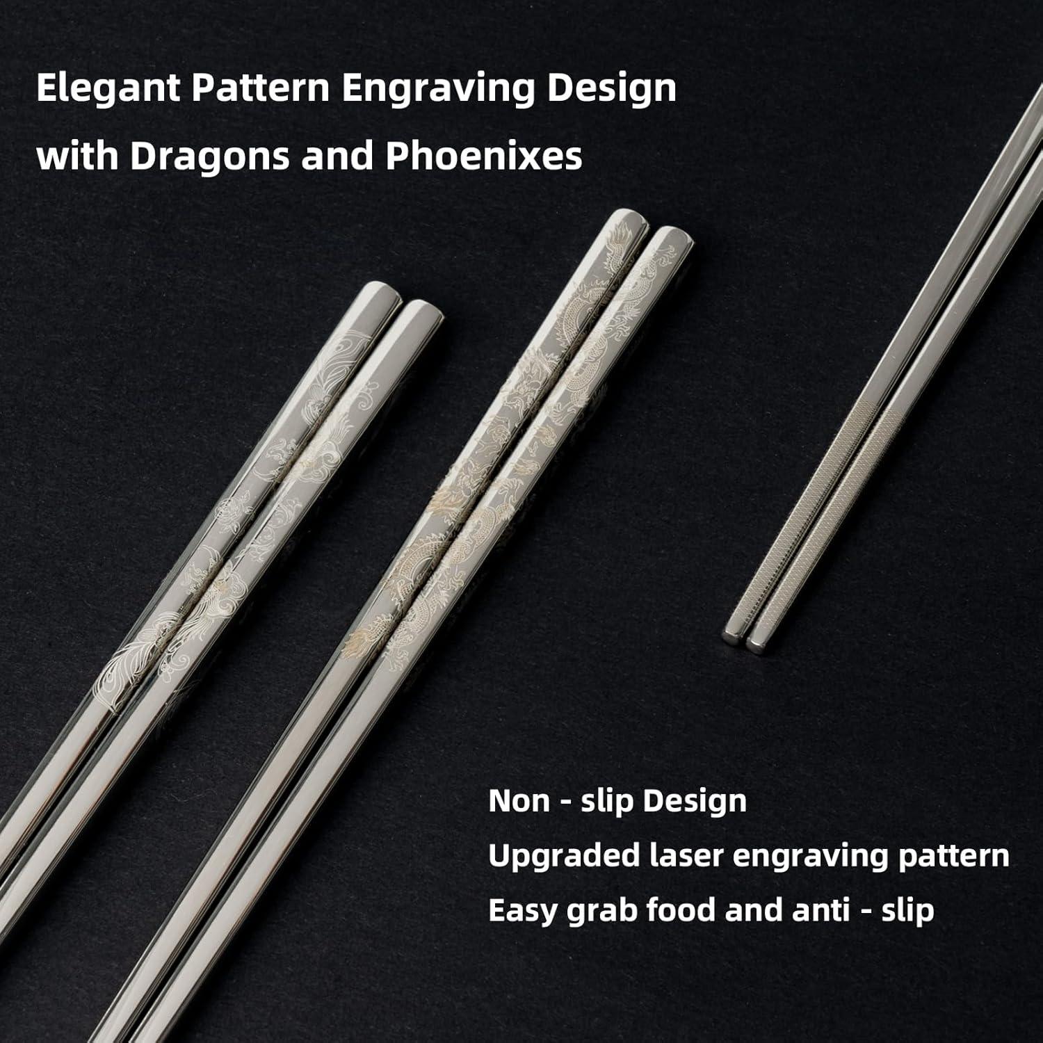 Juego de Palillos de Acero Inoxidable LIXTONGR 22.86 cm - Dragón y Fénix