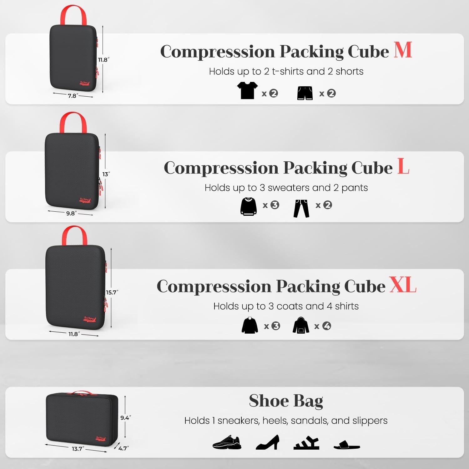 Conjunto de 11 Cubos de Compresión Percover Negro para Viaje