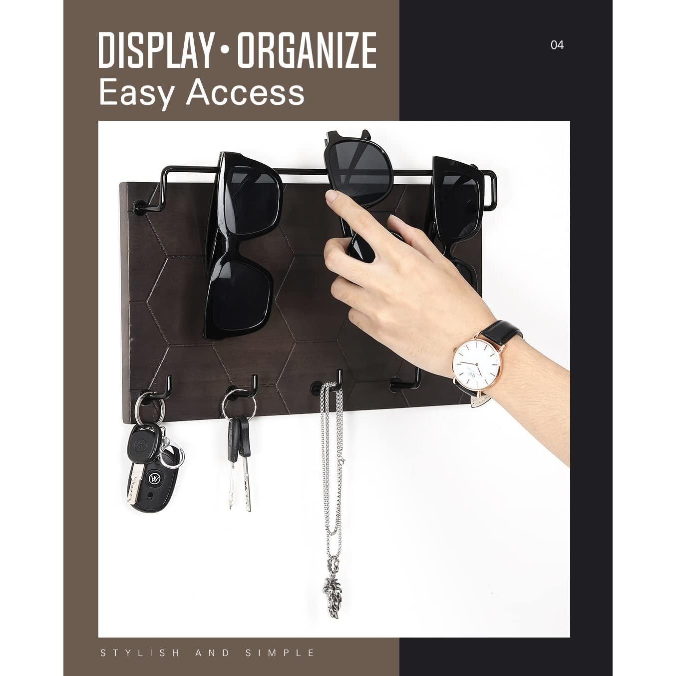 Organizador de Gafas de Sol y Llaves Emibele, Madera Gris, 5 Ganchos