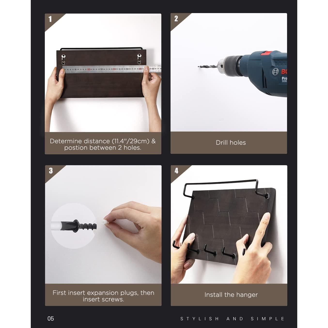 Organizador de Gafas de Sol y Llaves Emibele, Madera Gris, 5 Ganchos