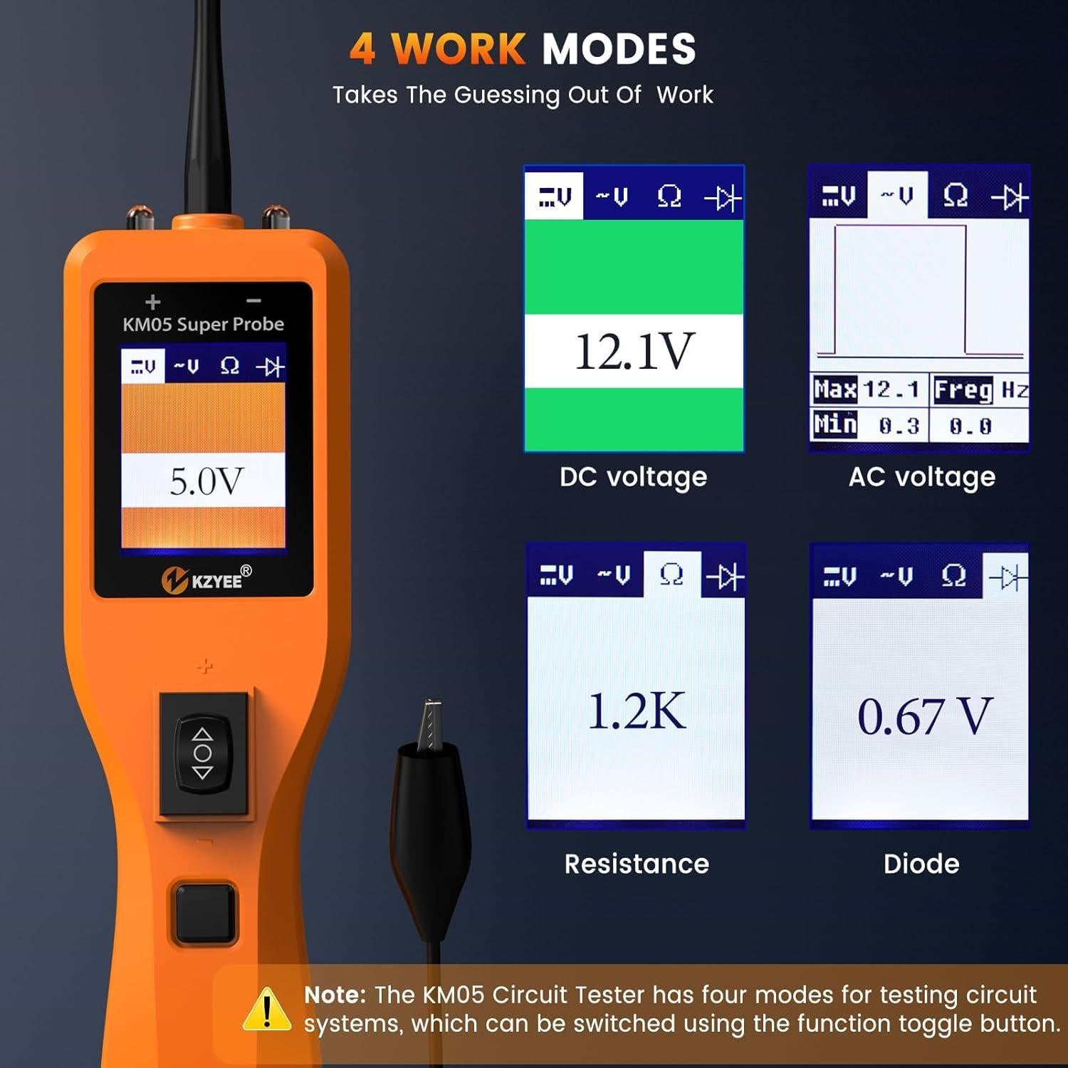 Probador de Circuito KZYEE KM05 12V/24V - 4 Modos, Diodo, Continuidad