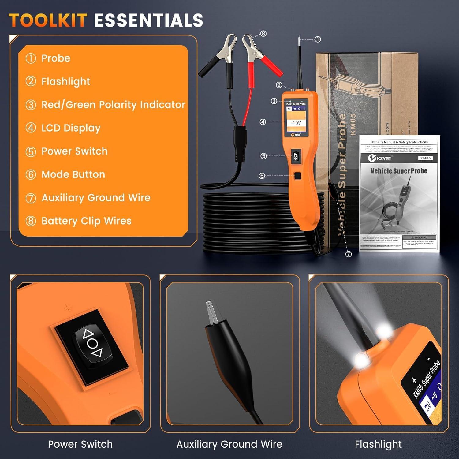 Probador de Circuito KZYEE KM05 12V/24V - 4 Modos, Diodo, Continuidad