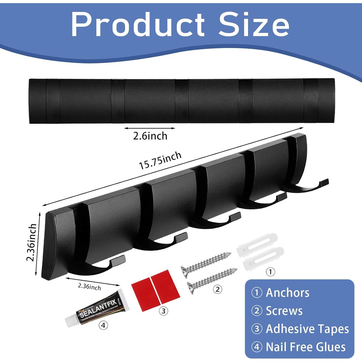 Perchero de Pared Wesiti 2 Pack Aluminio Negro 10 Ganchos