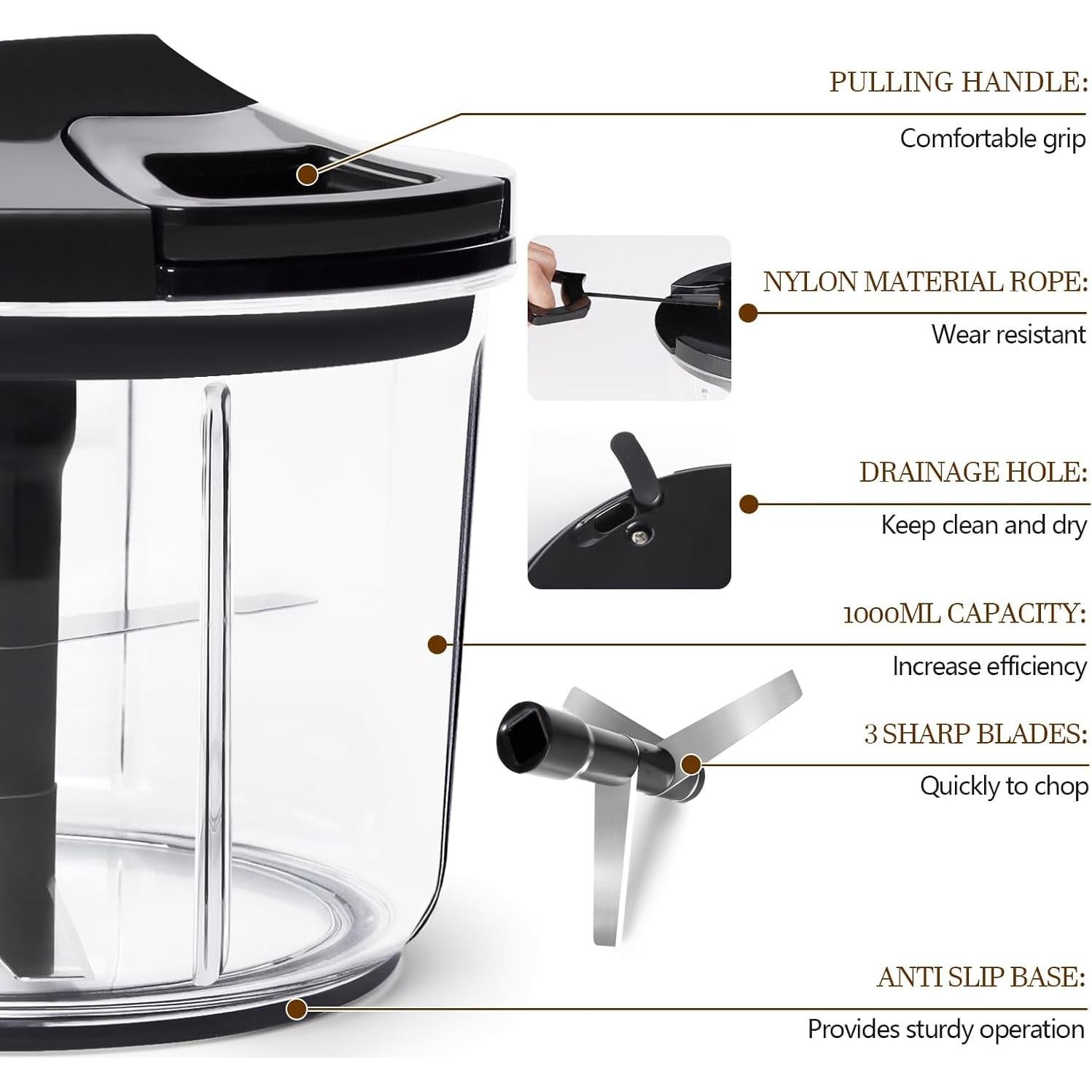 Picador de Verduras Manual LHS 1000ML Libre de BPA Negro