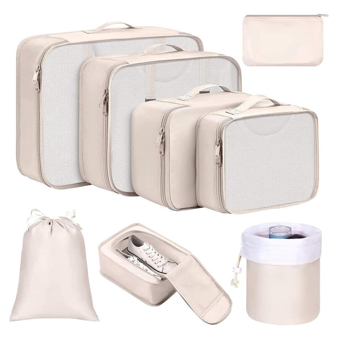 Cubos de Empaque DIMJ 8 Piezas Beige con Bolsa de Maquillaje
