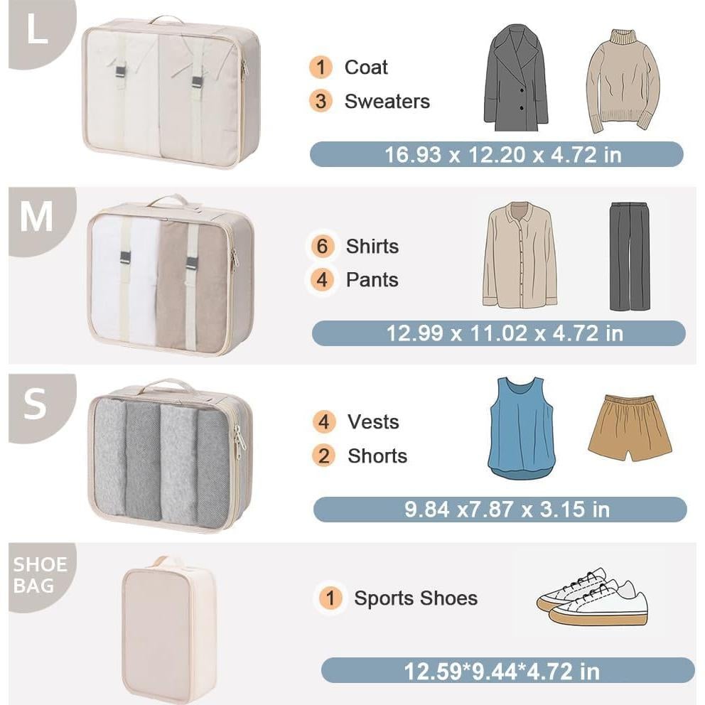 Cubos de Empaque DIMJ 8 Piezas Beige con Bolsa de Maquillaje