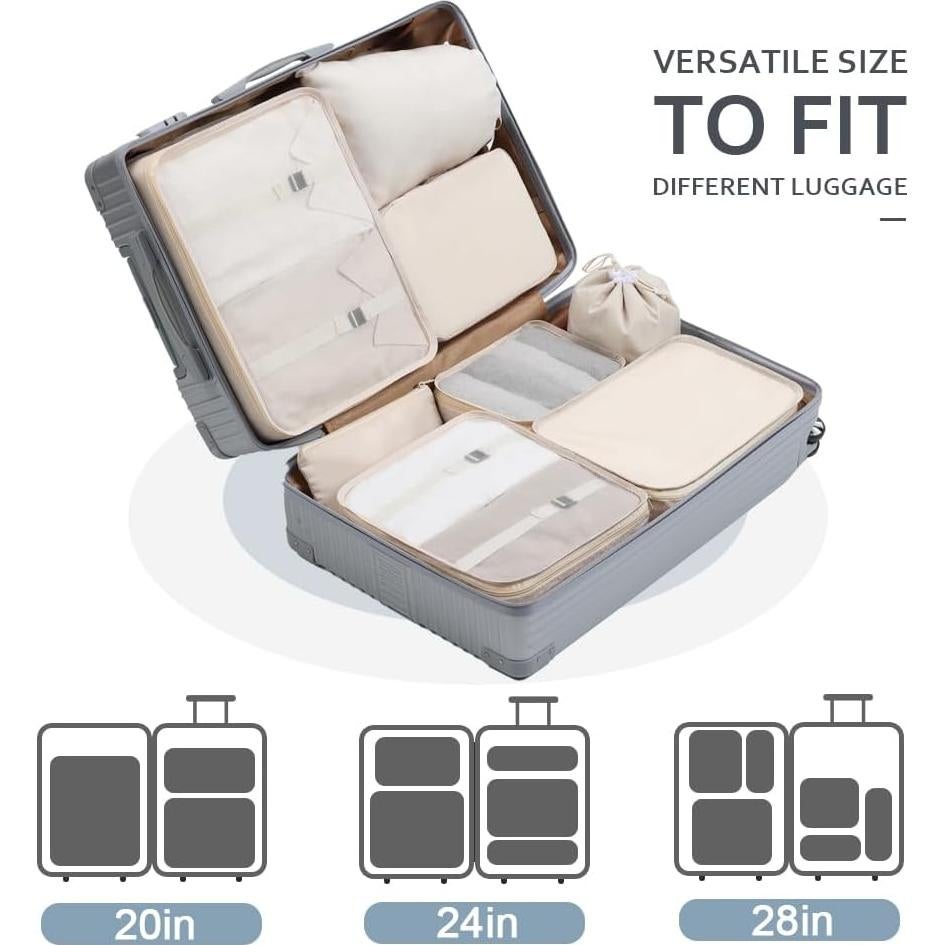 Cubos de Empaque DIMJ 8 Piezas Beige con Bolsa de Maquillaje