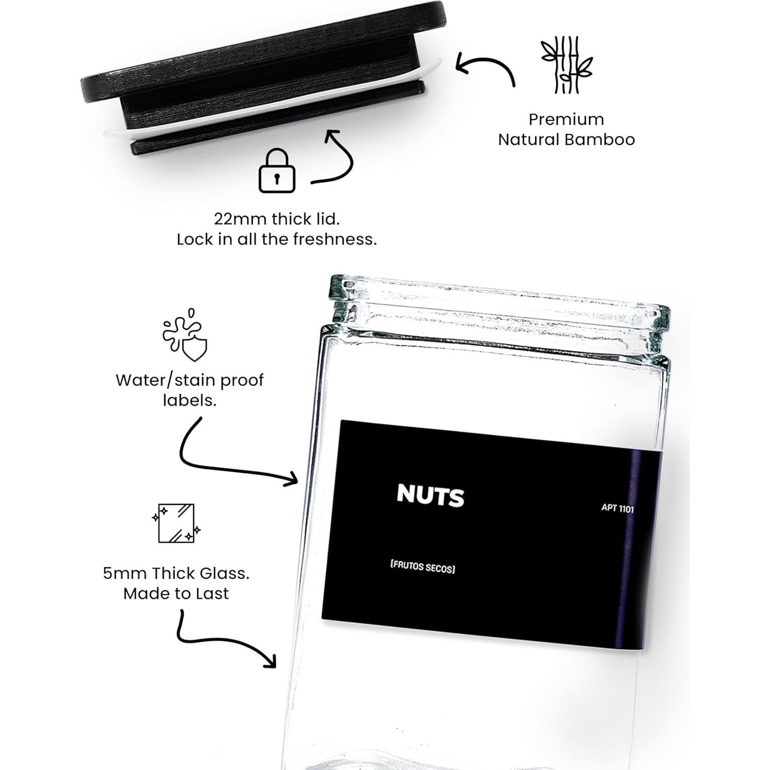 Set de 6 Tarros de Almacenamiento de Vidrio 0.8L con Tapa de Bambú