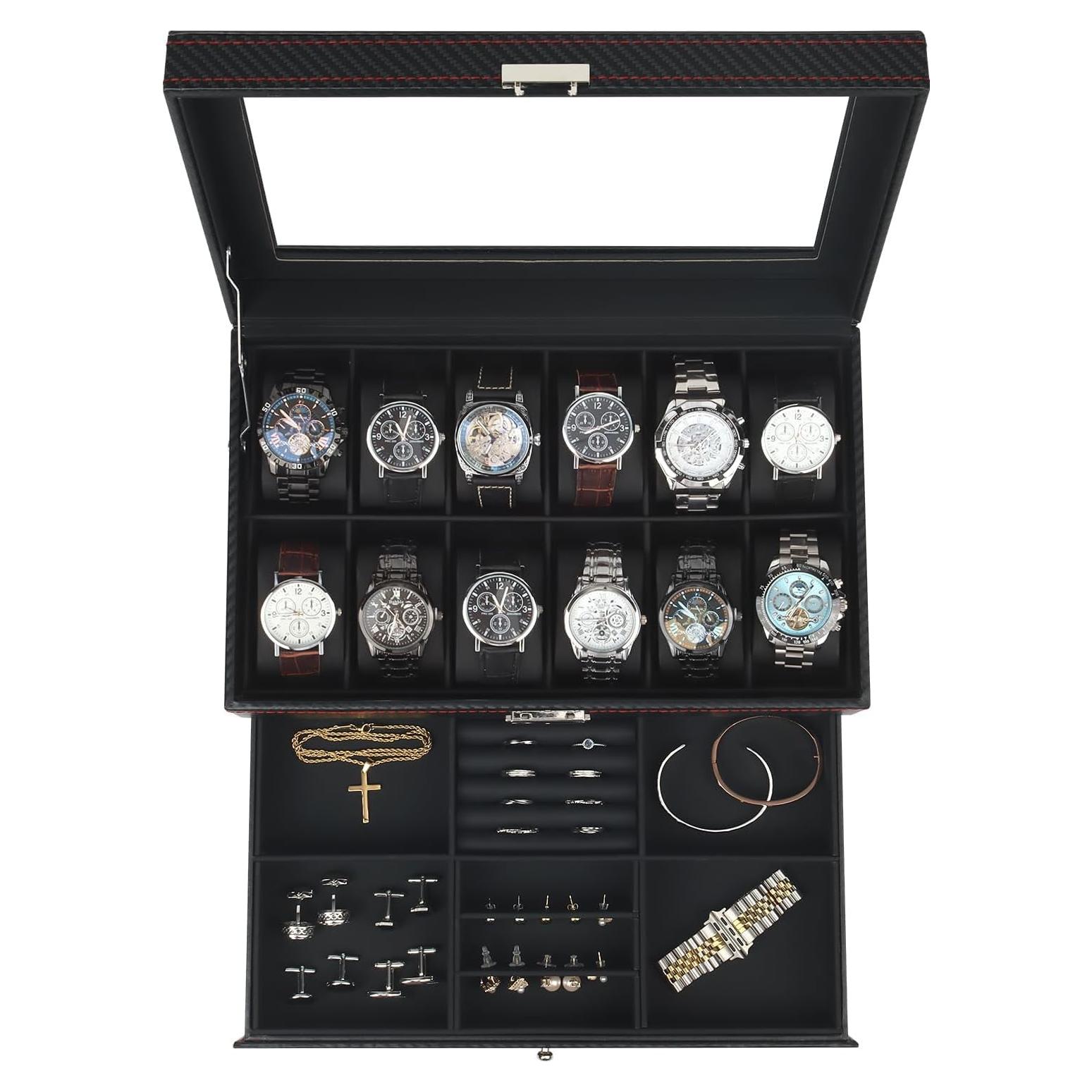 Caja de Almacenamiento de Relojes Kukikan con 12 Ranuras y Tapa de Vidrio