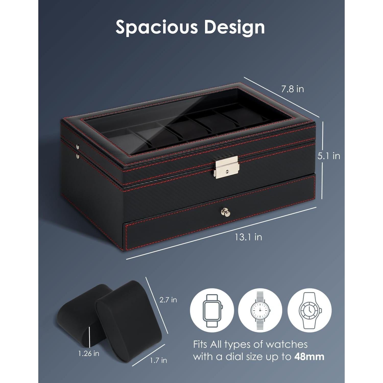 Caja de Almacenamiento de Relojes Kukikan con 12 Ranuras y Tapa de Vidrio