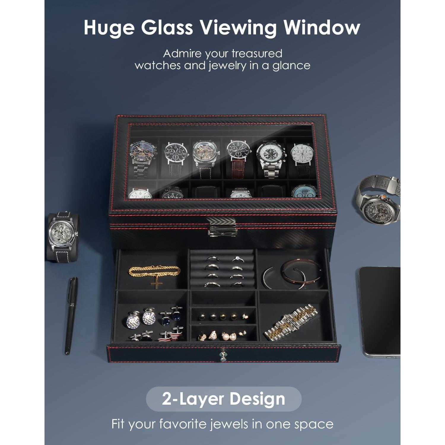 Caja de Almacenamiento de Relojes Kukikan con 12 Ranuras y Tapa de Vidrio