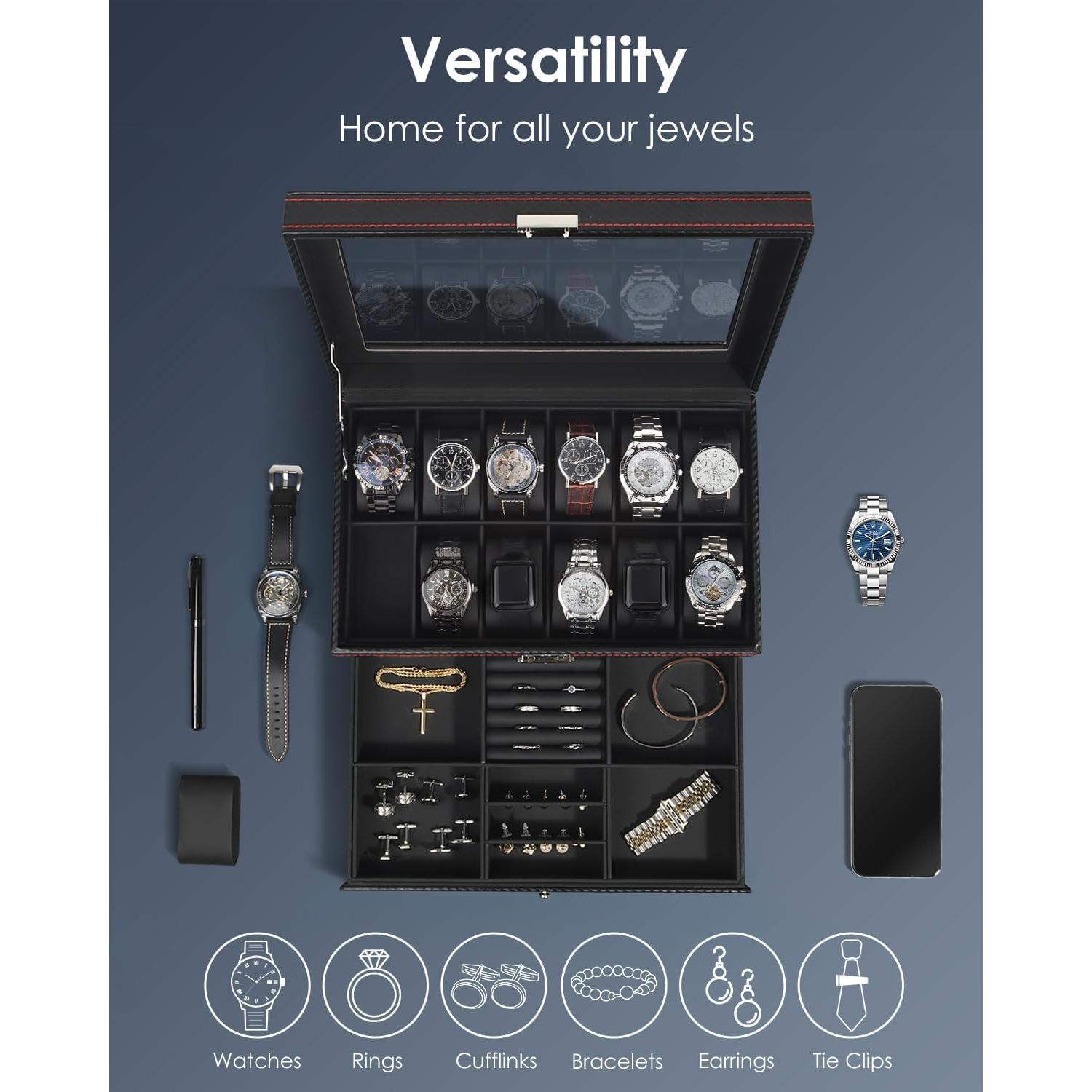 Caja de Almacenamiento de Relojes Kukikan con 12 Ranuras y Tapa de Vidrio