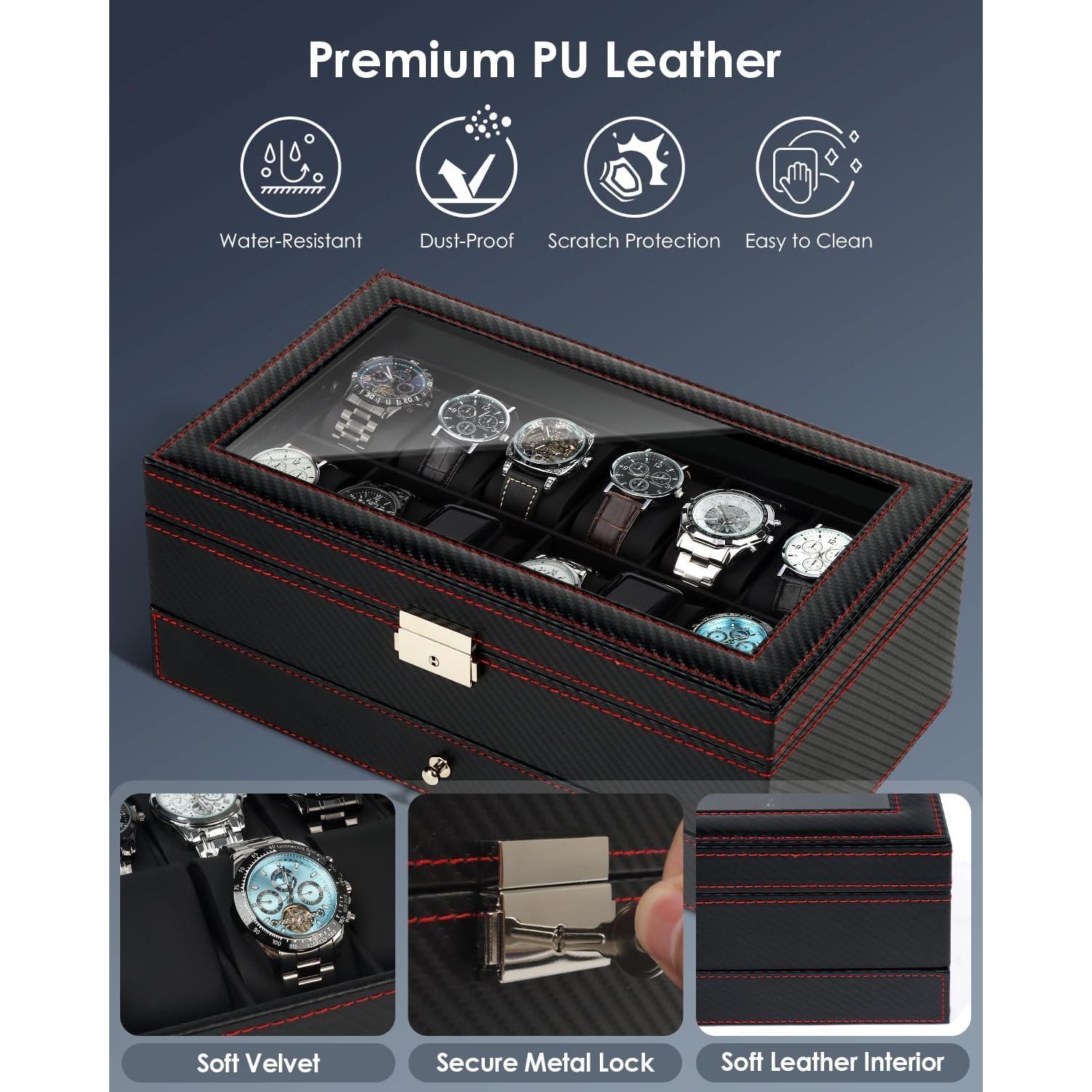 Caja de Almacenamiento de Relojes Kukikan con 12 Ranuras y Tapa de Vidrio