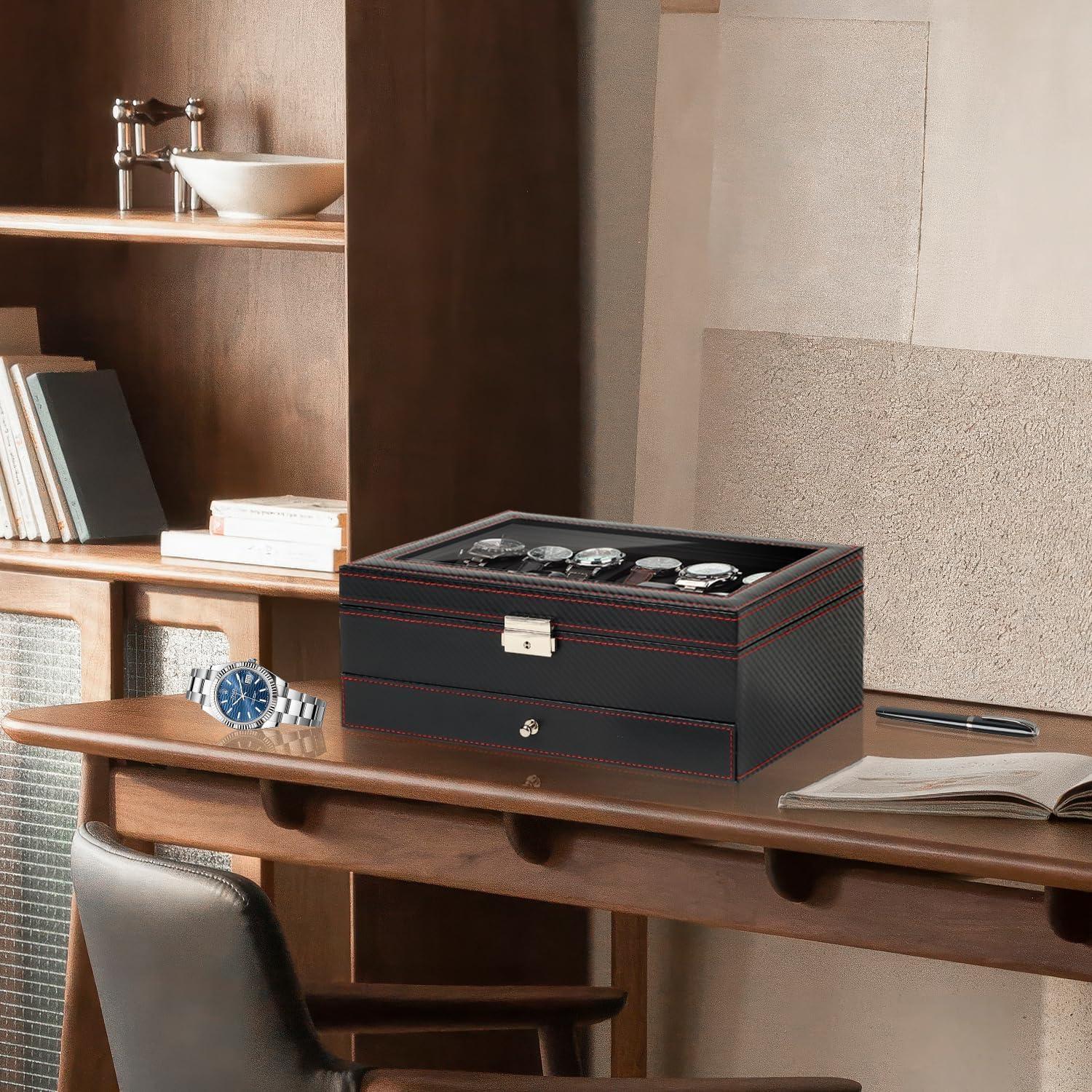 Caja de Almacenamiento de Relojes Kukikan con 12 Ranuras y Tapa de Vidrio