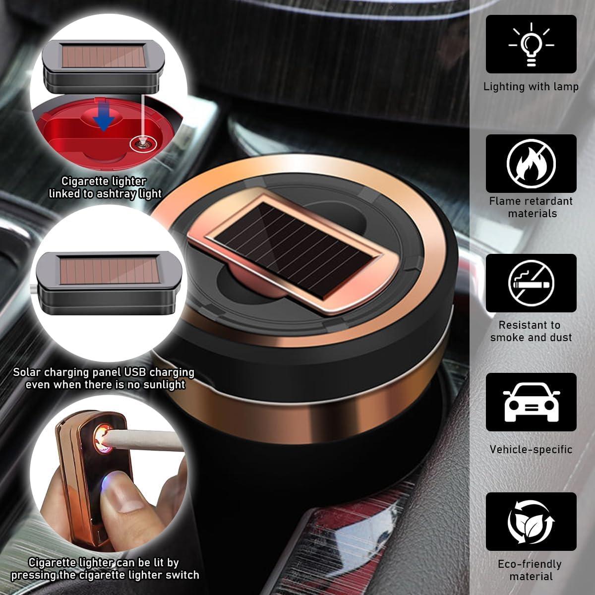 Cenicero de coche Sylvil con encendedor solar y USB - Negro