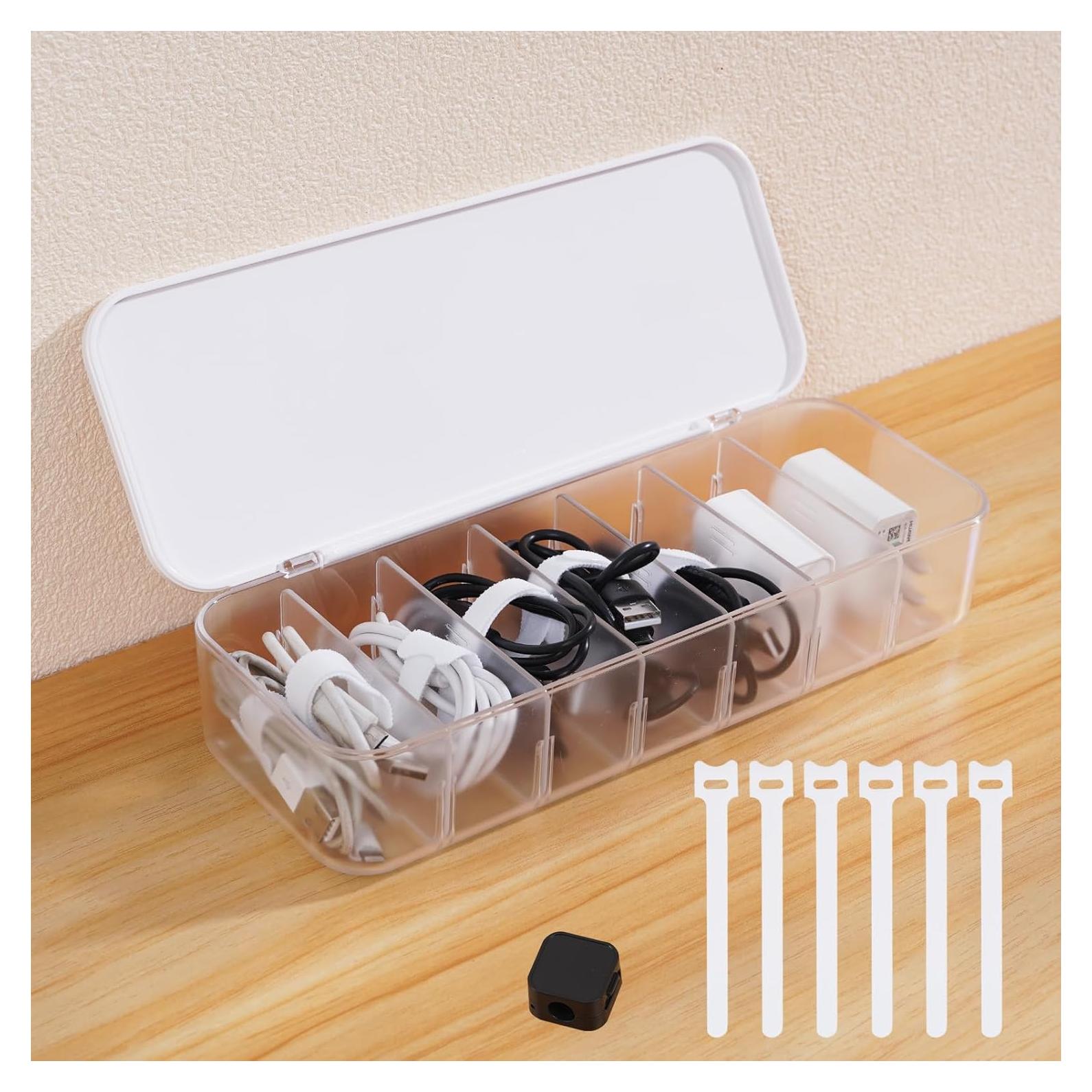 Caja Organizadora de Cables Asonen con 7 Sujetacables y 6 Clips Magnéticos - Blanca