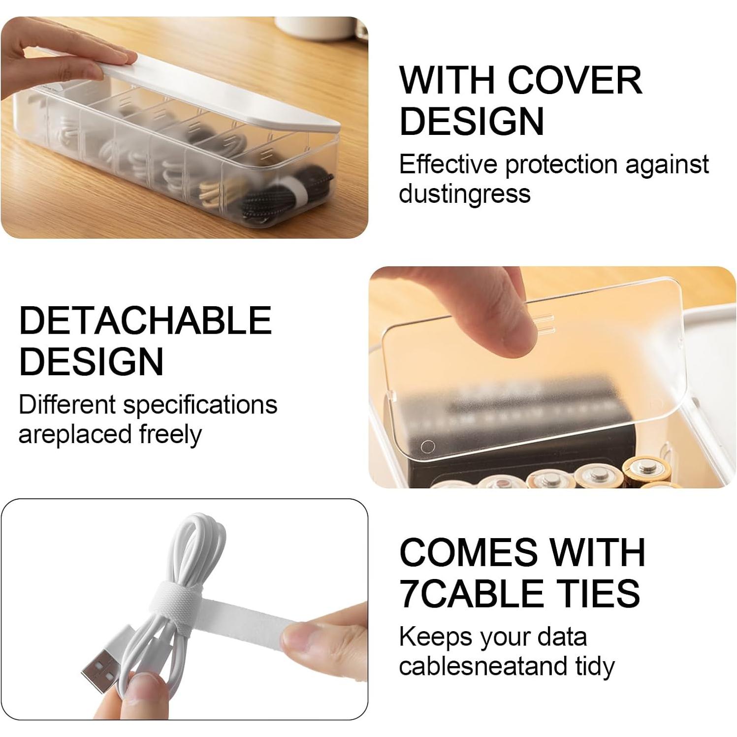 Caja Organizadora de Cables Asonen con 7 Sujetacables y 6 Clips Magnéticos - Blanca