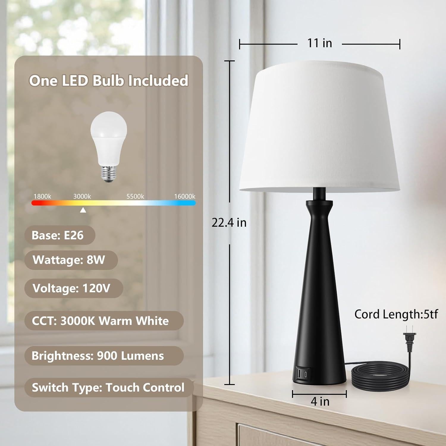 Lámpara de Mesa Táctil Seealle - Regulable 3 Niveles con USB