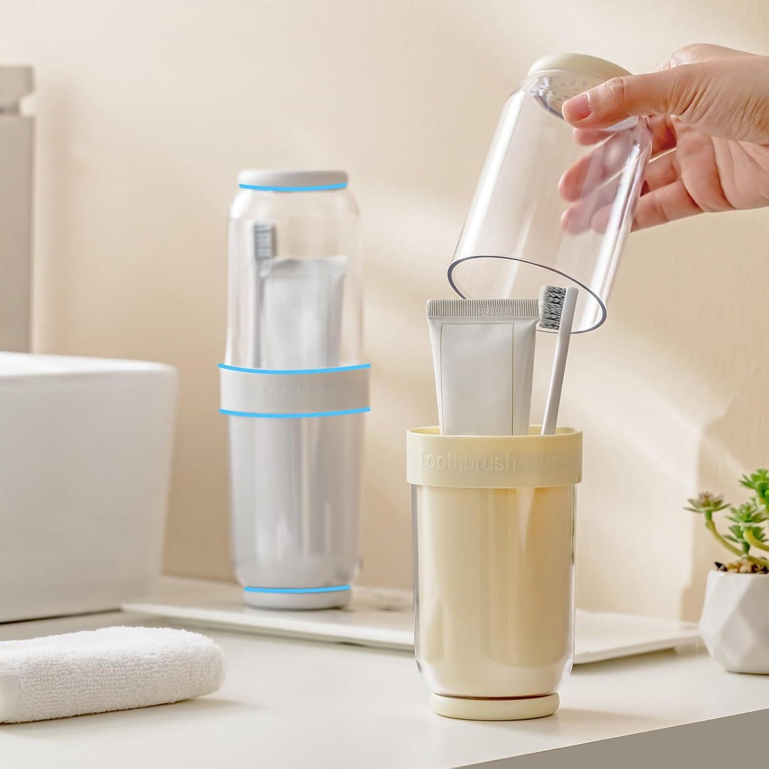 Taza para Cepillos de Dientes QIEPOMI Beige - Estuche de Viaje