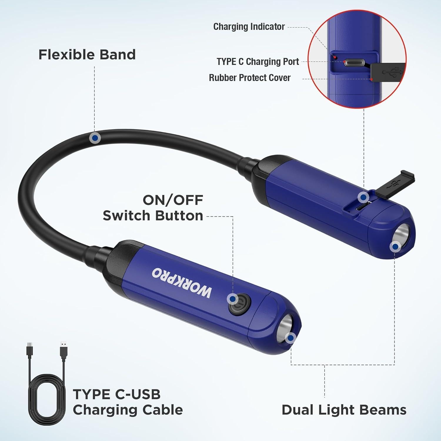 Luz de Cuello Recargable WORKPRO 300 Lúmenes 3 Niveles