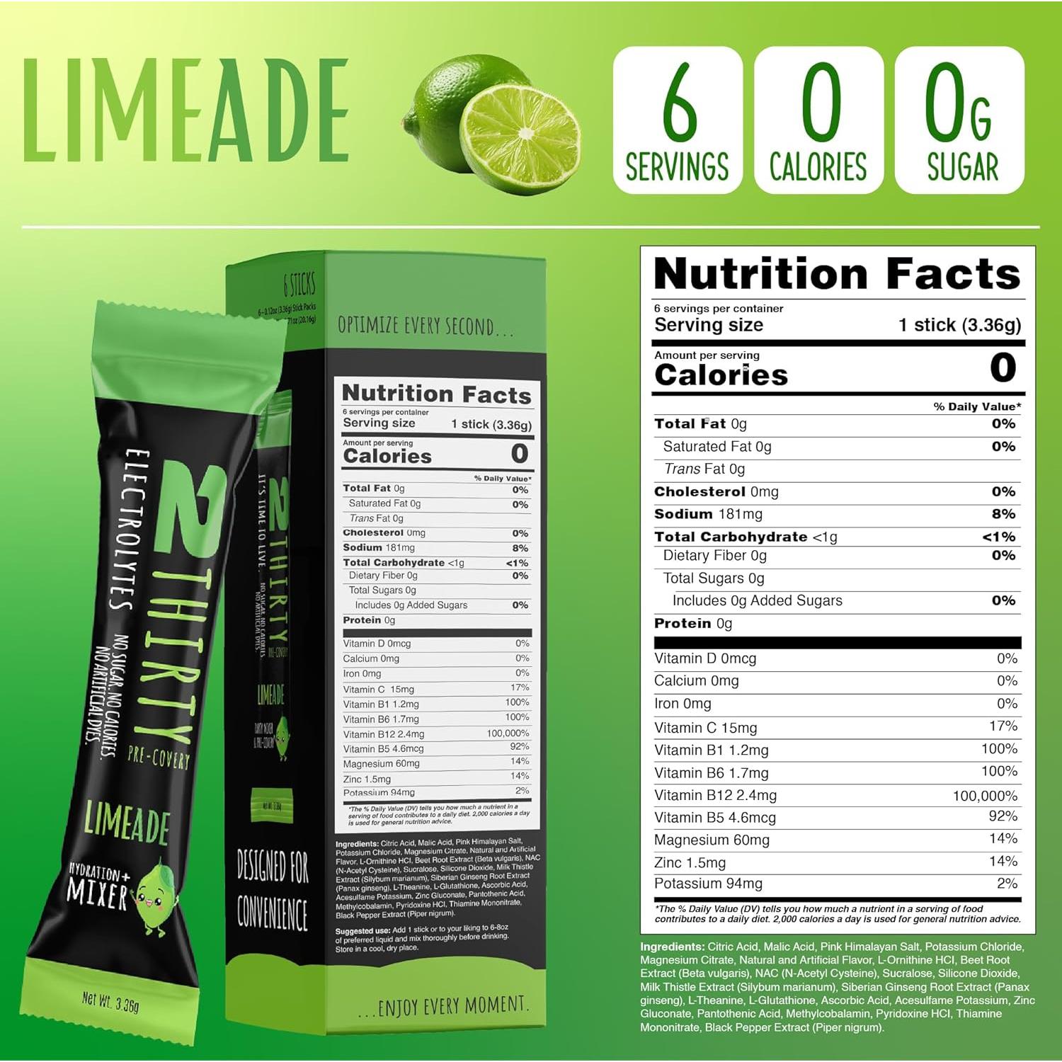 Polvo de Electrolitos Sin Azúcar 2THIRTY Lima - 6 Palitos