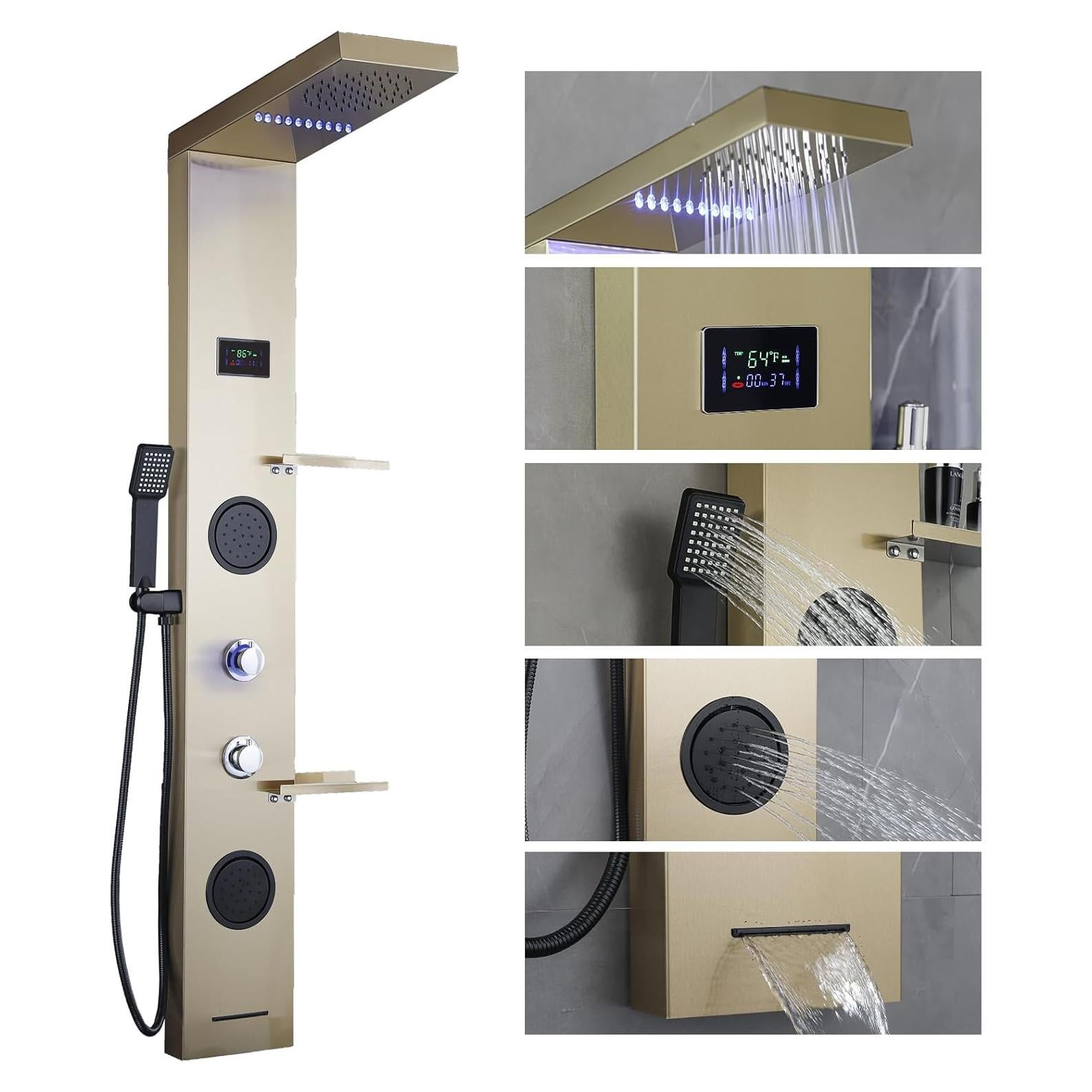 Sistema de Ducha LED RUITHOE Oro Cepillado con Estante y Jets