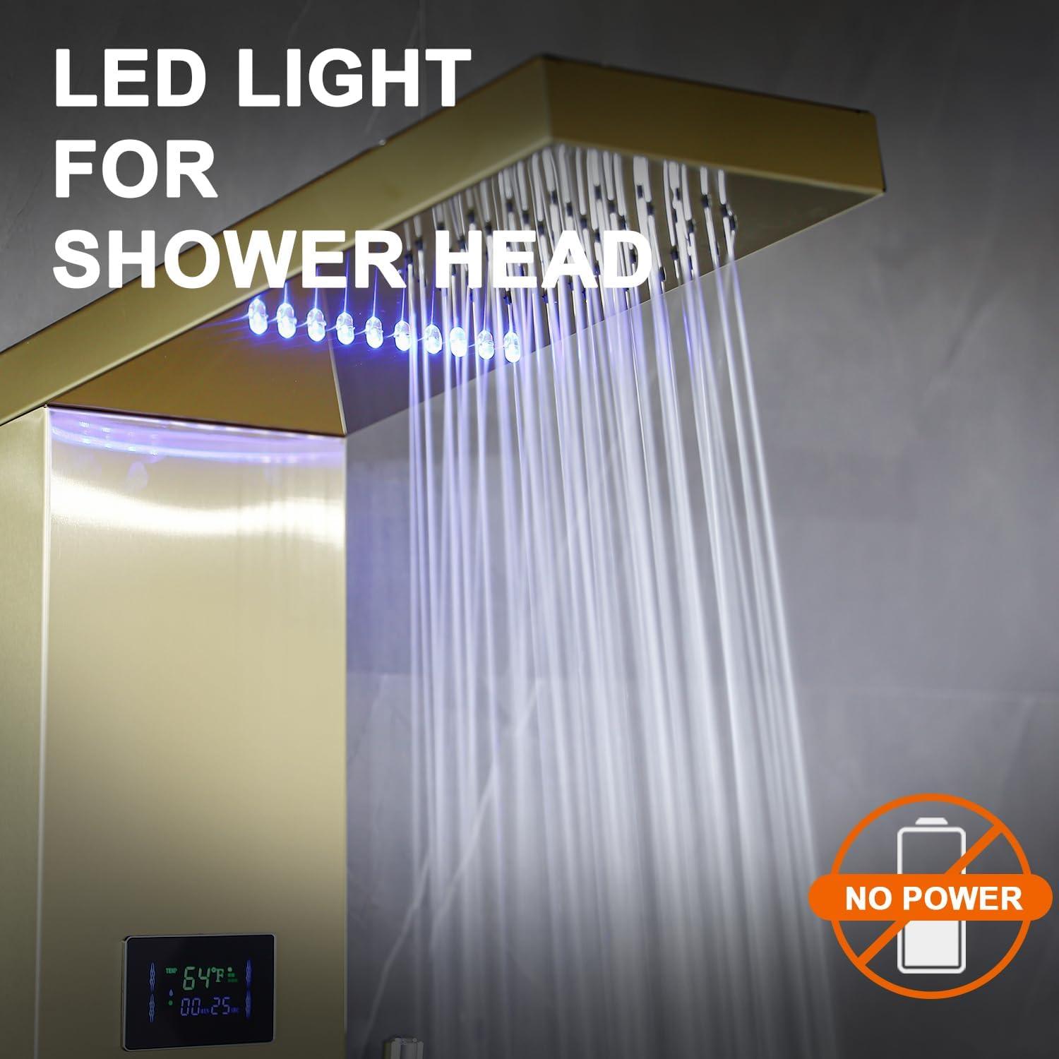 Sistema de Ducha LED RUITHOE Oro Cepillado con Estante y Jets