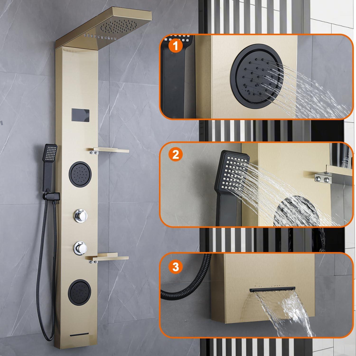 Sistema de Ducha LED RUITHOE Oro Cepillado con Estante y Jets