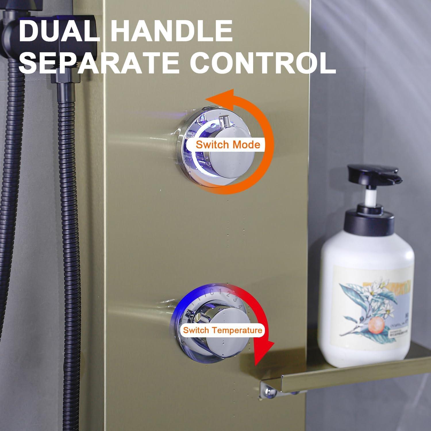 Sistema de Ducha LED RUITHOE Oro Cepillado con Estante y Jets